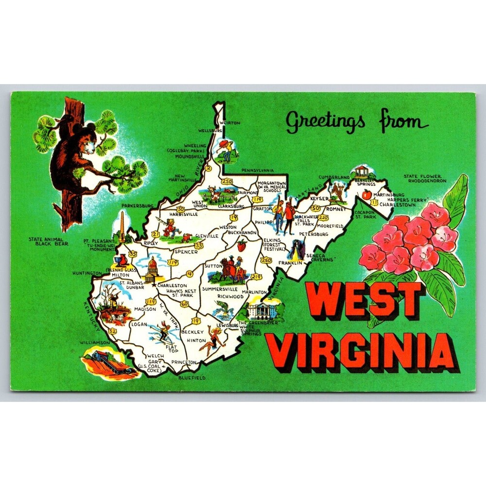Postcard West Virginia greetings Large Letter Map Unposted c1960s Charleston VTG